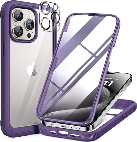 Miracase Glass Series for iPhone 15 Pro Max Case 6.7 Inch, Full-Body Drop Proof Phone Case for iPhone 15 Pro Max with Built-in 9H Tempered Glass Screen Protector + Camera Protector, Purple