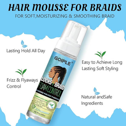 8 fl oz Braid Foam Control Mousse Braiding Mousse for Braids Twist, Locs, No Flake Extra Hold High Shine Style & Moisturizes, Hair Mousse for Braids Nourishes, Lightweight, Smooth, No Greasy Tea Tree