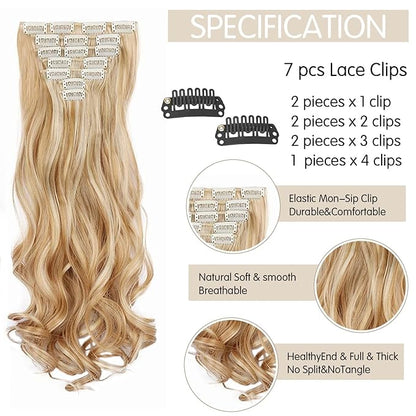 22 Inch Clip In Hair Extensions 7 PCS Long Wavy Synthetic Black Hair Extension & Natural Soft Invisible Clip Thick Hairpieces for Women Daily(20Inch, 7pcs, Honey Golden Brown Mixed Blonde)
