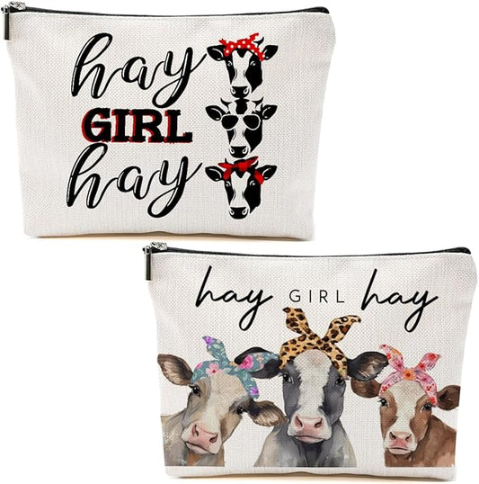 2pcs Cow Gifts Funny Western Makeup Bag Cow Print Stuff Cosmetic Bag Funny Graduation Birthday Western Gifts for Women Girls Sister Coworker Zipper Makeup Pouch