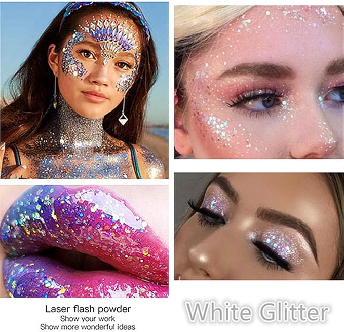 Go Ho Clear White Face Body Glitter,Mardi Gras Festival Rave Outfits for Women&Kids,Holographic Mermaid White Face Paint,Halloween Fairy Makeup Chunky Glitter Sequins Gel,Rave Accessories,52g