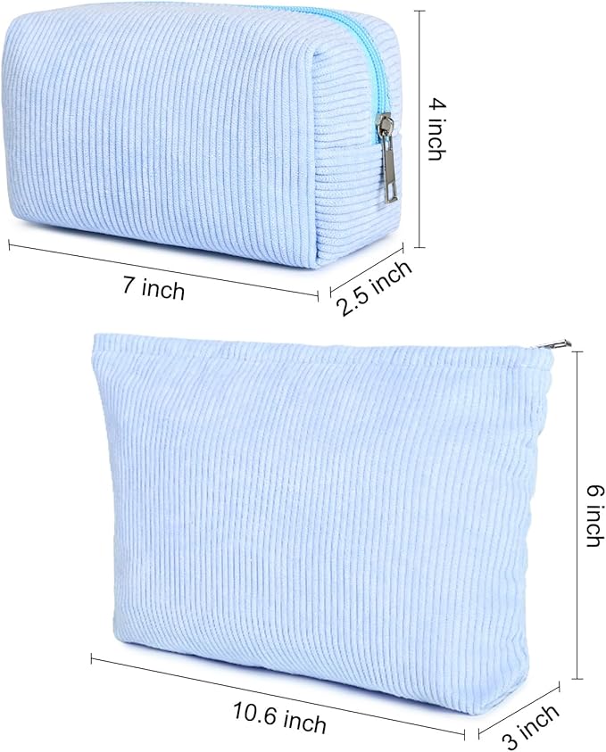 2 Pieces Makeup Bag Large Corduroy Cosmetic Bag Capacity Canvas Mix Travel Toiletry Bag Organizer Cute Makeup Brushes Aesthetic Accessories Storage Bag for Women, Corduroy Mix Blue