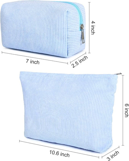 2 Pieces Makeup Bag Large Corduroy Cosmetic Bag Capacity Canvas Mix Travel Toiletry Bag Organizer Cute Makeup Brushes Aesthetic Accessories Storage Bag for Women, Corduroy Mix Blue