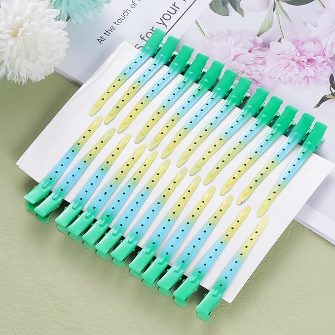 24 Packs Duck Bill Clips, Bantoye 3.35 Inches Rustproof Metal Alligator Curl Clips with Holes for Hair Styling, Hair Coloring, Gradient Green