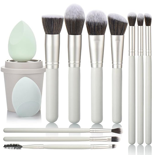 10Pcs Makeup Brush Set With Sponges And Drying/Storage Case，Best Gift For Women/Girls, Used For Powder, Foundation, Highlight, Eye Shadow, Concealer, Etc., Suitable For Beginners (Green 13pcs)