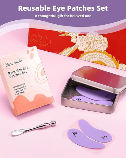2 Pairs Reusable Under Eye Wrinkle Patches Silicone Mask, Plump Fine Lines & Wrinkles, with Metal Eye Cream Applicator, Tin Case, Purple