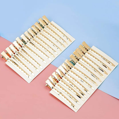 24 Packs Duck Bill Clips, Bantoye 3.35 Inches Rustproof Metal Alligator Curl Clips with Holes for Hair Styling, Hair Coloring, Gold