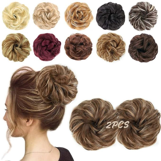 MORICA 2PCS Messy Hair Bun Extensions Curly Wavy Messy Synthetic Chignon Hairpiece Scrunchie Scrunchy Updo Hairpiece for women（Light Golden Brown & Pale Golden Blonde）