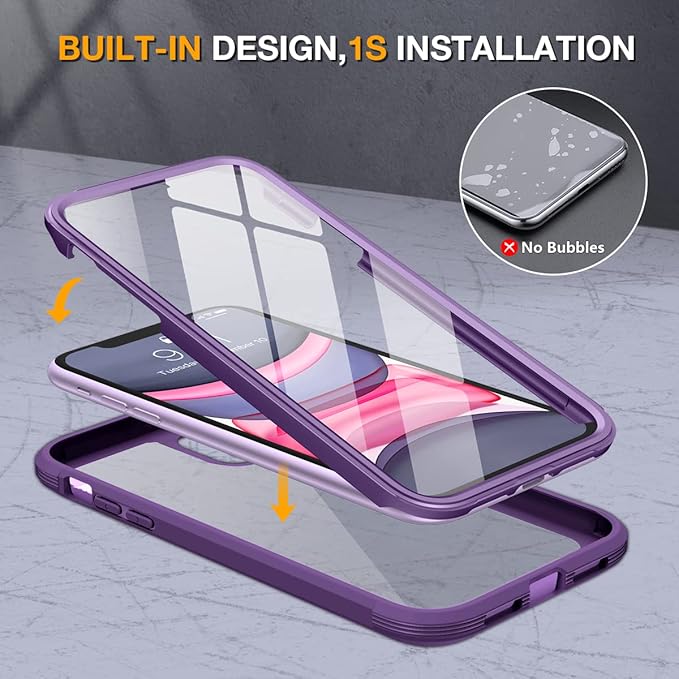 Miracase Glass Series for iPhone 11 Case [with Camera Lens Protector] Full-Body Rugged Bumper Case with Built-in 9H Tempered Glass Screen Protector Compatible with iPhone 11 6.1 inch, Purple