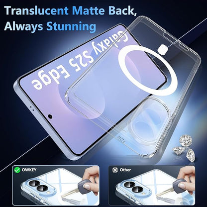 OWKEY for Samsung Galaxy S25 Edge Case 6.65'',Magnetic S25 Edge Case for Magsafe with Tempered Glass Screen, [Shockproof Military] Transparent Back Slim Bumper Cover Phone Case Galaxy s25 Edge,Clear