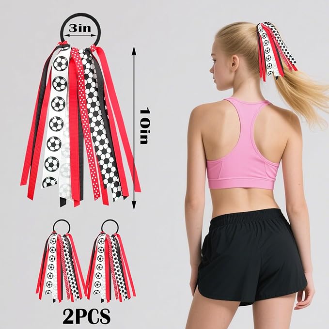 2pcs Soccer Ponytail Holders Hair Ribbons Streamer Red Black Soccer Elastic Hair Ties Band Hair Scrunchies Game Day Party Accessories Back School Gift for Women Cheerleader Fans