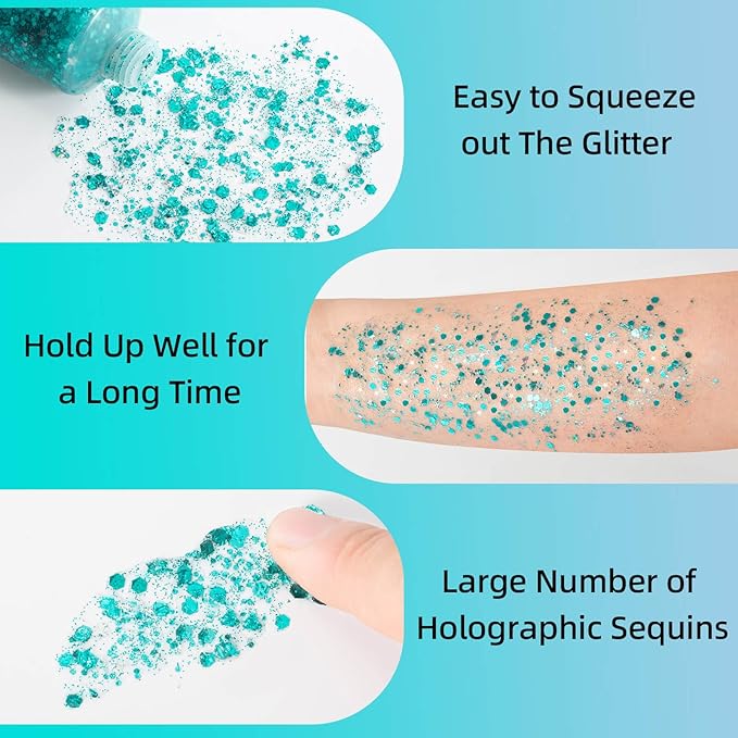 MEICOLY Teal Body Glitter, Mermaid Face Glitter Gel for Halloween, Paint, Dazzle Green Chunky Glitter for Body Eye Lip Hair, Sparkling Holographic Gel Makeup for Women and Kids