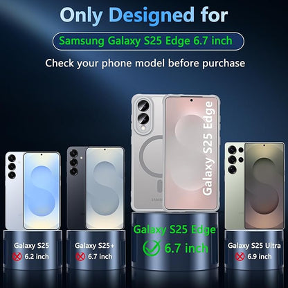 OWKEY for Samsung Galaxy S25 Edge Case 6.65'',Magnetic S25 Edge Case for Magsafe with Tempered Glass Screen, [Shockproof Military] Translucent Back Slim Bumper Cover Phone Case Galaxy s25 Edge,Gray