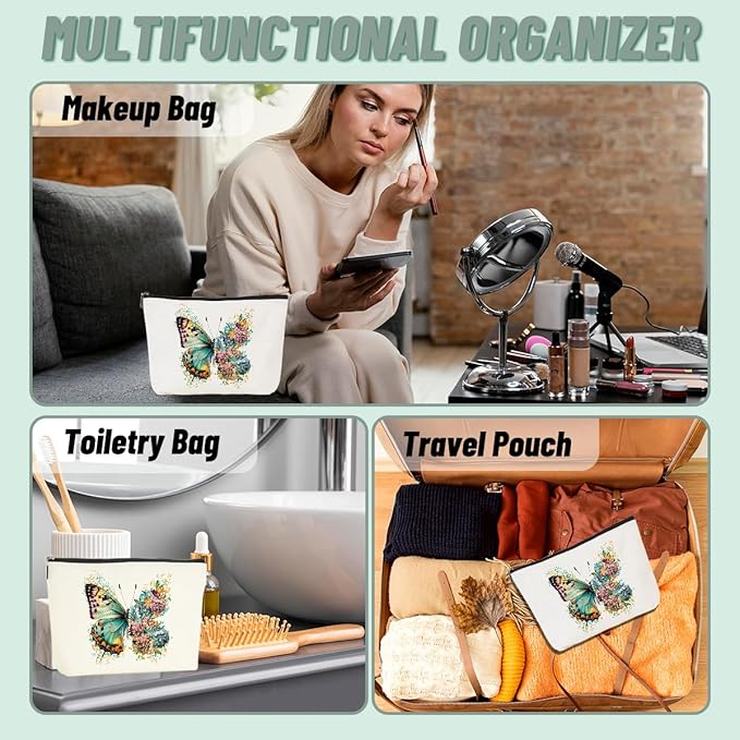 2pcs Aesthetic Butterfly Floral Makeup Bag Flowers Butterfly Gifts Cosmetic Bags for Women Girls, Aesthetic Zipper Pouch Travel Toiletry Bag Friend Gifts for Sisters Bestie