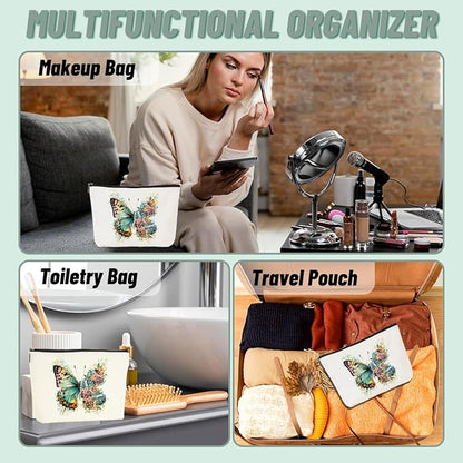 2pcs Aesthetic Butterfly Floral Makeup Bag Flowers Butterfly Gifts Cosmetic Bags for Women Girls, Aesthetic Zipper Pouch Travel Toiletry Bag Friend Gifts for Sisters Bestie