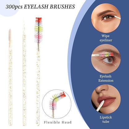 300 PCS Eyelash Extension Supplies Kit, Disposable Micro Swab,Crystal Eyebrow Spoolie Lash Brush, Lip Gloss Brush, Mascara Wand Applicator(colorful+gold)