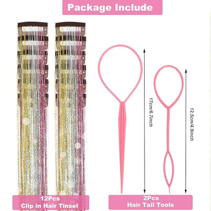 12Pcs Hair Tinsel Clip in Glitter Tinsel Hair Extensions 19.6Inch Clip in Hair Tinsel Kit Heat Resistant Shiny Sparkly Fairy Hair Accessories for Women Girls Kids (Galaxy)
