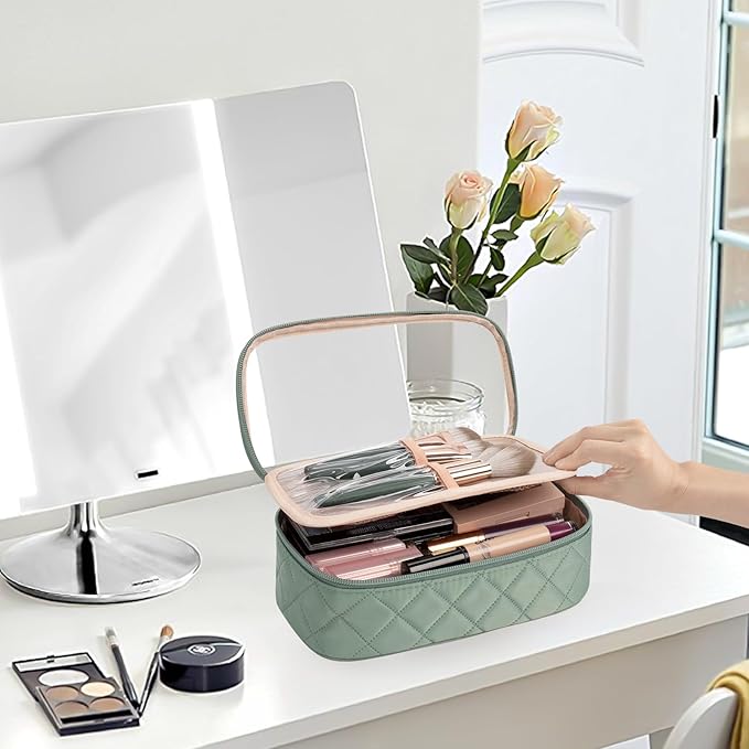 OCHEAL Clear Makeup Bag, Portable Storage Organizer Cosmetic Travel Bag Cute Pouch For Women and Girls Cosmetics Bags with Divider Brush Compartment-Green Rhombic b03_Green Rhombic