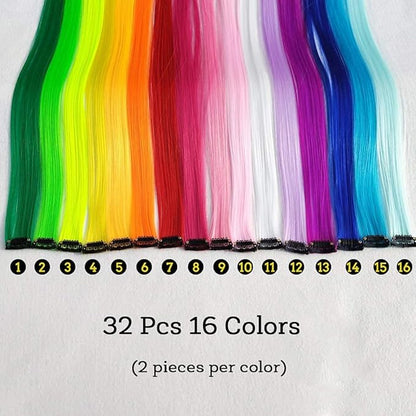 32Packs Colored Hair Extensions 20Inch Straight Color Clip in on Hair Extension Rainbow Party Highlights Synthetic Hairpiece for Girls (16 colors)