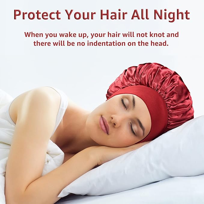 3 Pack Satin Bonnet Silk Hair Bonnet for Sleeping, Sleep Bonnets for Women Large Wide Soft Band Sleep Cap for Curly Hair Braids