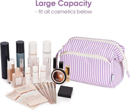 Narwey Striped Makeup Bag Women Wide-open Make up Bag Travel Cosmetic Bag Organizer Toiletry Bag for Cosmetics Toiletries Accessories (Purple Stripe)