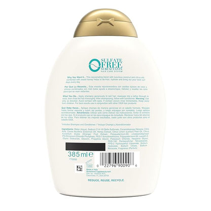 OGX Quenching + Coconut, Curl-Defining Shampoo, Hydrating & Nourishing Curly Hair Shampoo with Coconut Oil, Citrus Oil & Honey, Paraben, Sulfate-Free Surfactants, 13 floz (Pack of 2)