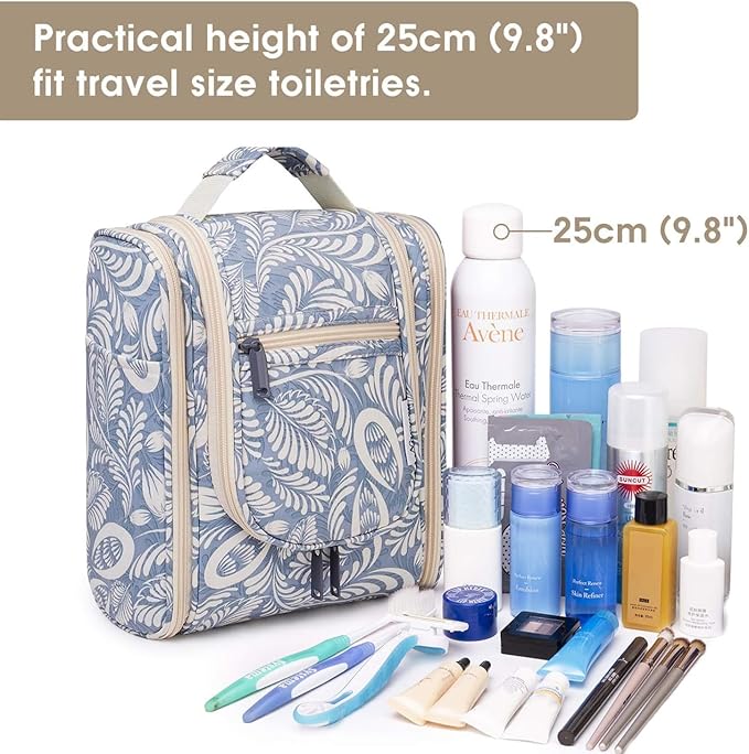Narwey Small Hanging Toiletry Bag Women Travel Makeup Bag Organizer Toiletries Bag for Travel Size Essentials Accessories Cosmetics (Medium, Blue Leaf)