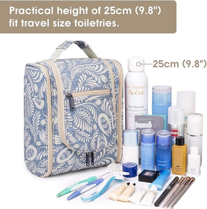 Narwey Small Hanging Toiletry Bag Women Travel Makeup Bag Organizer Toiletries Bag for Travel Size Essentials Accessories Cosmetics (Medium, Blue Leaf)