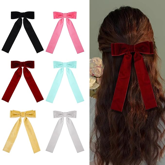 6PCS Velvet Hair Ties, Bow Hair Clips for Women, Back to School Gifts Headdress Decor, Hair Band Set, Baby Teen Girl Stuff Hair Styling Accessories (Mixed Colors)