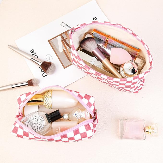 2 Pcs Checkered Makeup Bag Large Cosmetic Bag Toiletry Bag Makeup Pouch Travel Bag Organizer Cute Makeup Brushes Aesthetic Accessories Storage Bag for Women Peach Pink