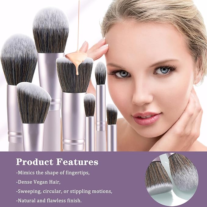 29Pcs Makeup Tool Set Includes: Wooden Handle 10Pcs Kabuki Makeup Brush set 18Pcs Makeup Sponges Suitable for makeup artists and perfect gifts (Purple 29pcs)
