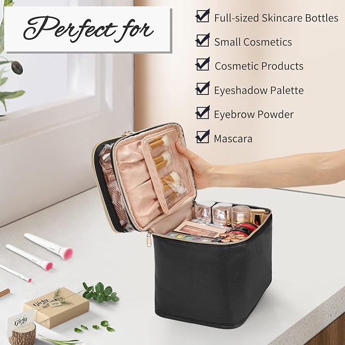 OCHEAL Large Makeup Bag, Double Layer Makeup Bag, Vertical Storage Cosmetic Case for Women/Girls with Multiple Compartments-Black