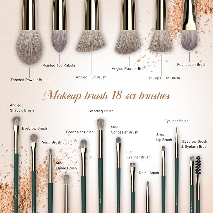 18-Piece Makeup Brush Set with Holder Case – Complete Makeup Brush Collection for Flawless Makeup Application -Soft Bristles (Green)