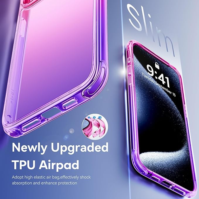 Mkeke for iPhone 15 Pro Case,[Not Yellowing] [Military Grade Protection] Shockproof Phone Case for Apple iPhone 15 Pro 2023 Gradient Purple Pink