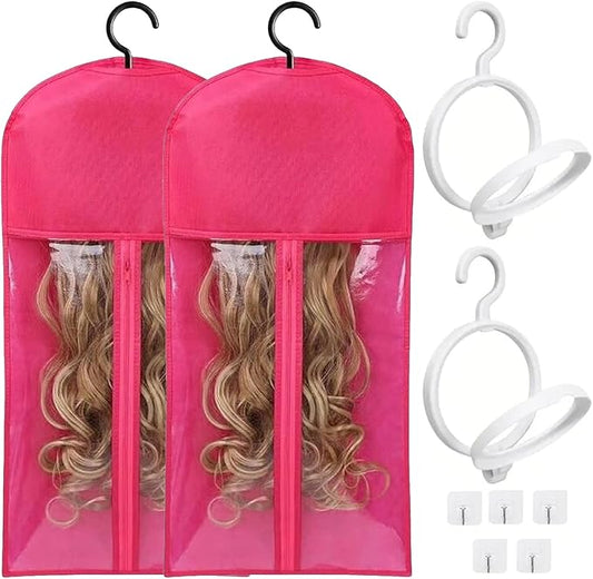 2packs Hanging Wig Stand 2Packs Wig Storage Bags Dust-proof Wig Bags With Hanger With Clear Zipper Closure for Multiple Wigs Hats and Hair Extensions Accessories (White stand-Hot Pink bag)