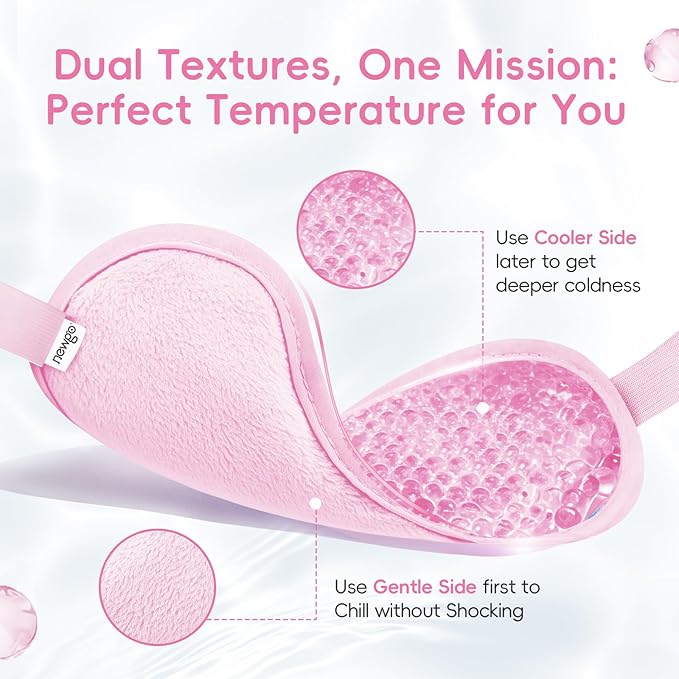 NEWGO Cooling Gel Cold Eye Mask for Puffy Eyes, Reusable Ice Pack with Soft Plush Backing for Dark Circles, Migraine, Stress Relief - Pink