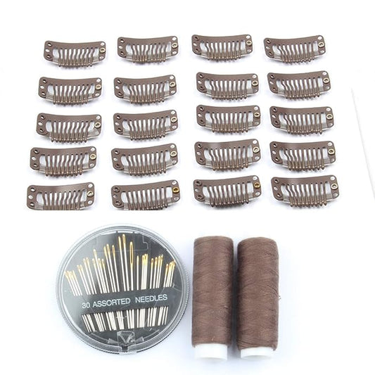 50pcs Hair Extension Clips Stainless Steel Snap Clips for Hair Extensions DIY Wig Clips Wigs Combs 9-Teeth 32mm 1.2g/pc, 2pcs Weaving Thread, 1set/30pcs Needles (Dark Brown)