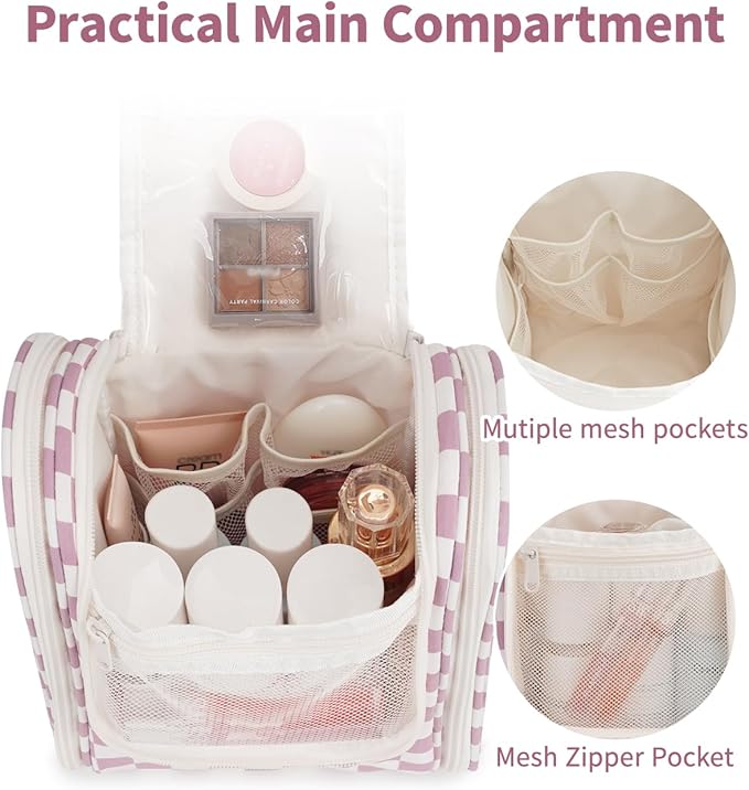 Narwey Small Checked Hanging Travel Toiletry Bag for Women, Travel Bag for Toiletries, Makeup Bag Organizer Cosmetic Bags Make Up Bags for Women (Dusty Rose Checkerboard)