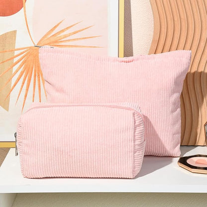 2 Pieces Makeup Bag Large Corduroy Cosmetic Bag Capacity Canvas Mix Travel Toiletry Bag Organizer Cute Makeup Brushes Aesthetic Accessories Storage Bag for Women, Corduroy Mix Pink