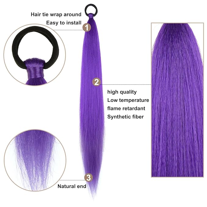 2 Pack Purple Ponytail Extension with Elastic Tie Straight Sleek Wrap Around Braid Ponytail 26 Inch (Purple#)