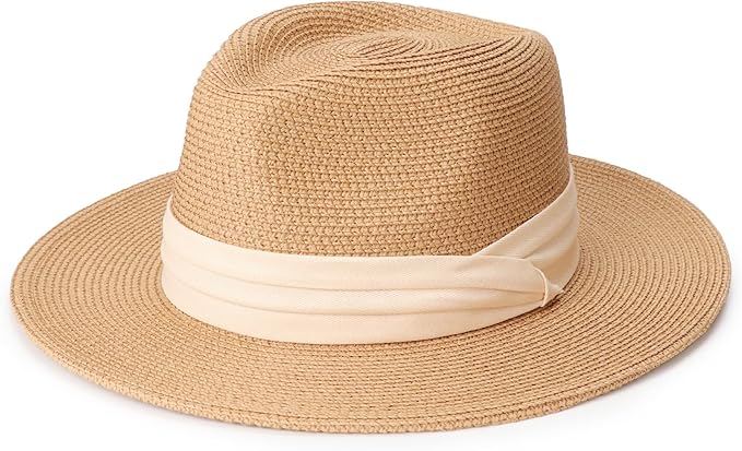 DRESHOW Women Straw Panama Hat Travel Fedora Beach Sun Hat Summer Wide Brim Straw Roll up Hat UPF 50+