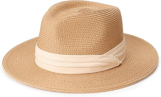 DRESHOW Women Straw Panama Hat Travel Fedora Beach Sun Hat Summer Wide Brim Straw Roll up Hat UPF 50+