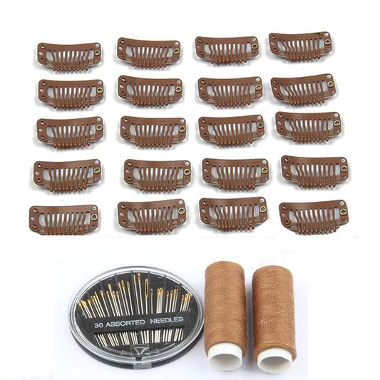 50pcs Wig Clips Stainless Steel Snap Clips for Hair Extensions DIY Wig Combs 9-Teeth 32mm 1.2g/pc, 2pcs Weaving Thread, 1set/30pcs Needles (Light Brown)