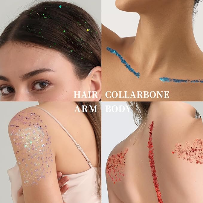 FANDAMEI Face Glitter, 2 Gel Palette 18 Grids, Body Hair Glitter for Kids Women for Makeup, Halloween Rave Concert Face Paint Glitter
