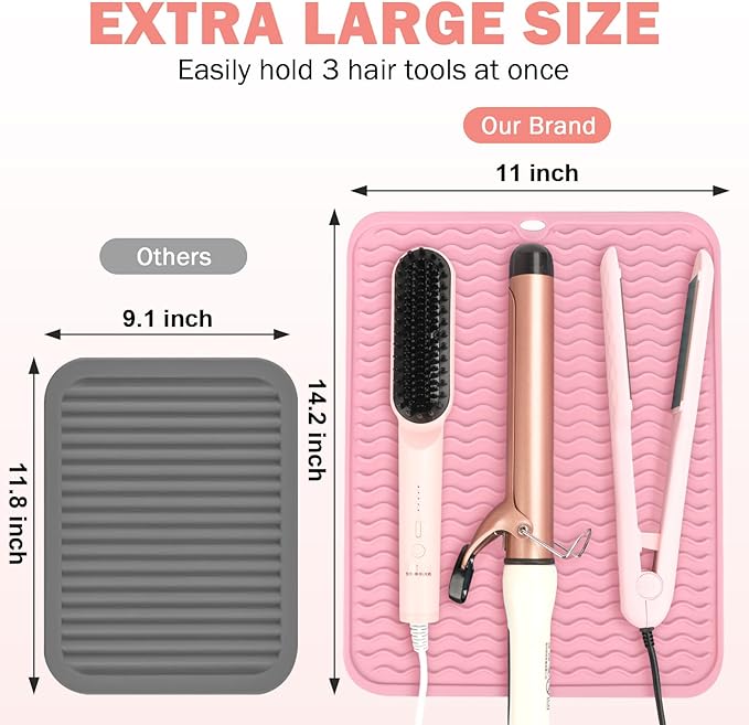 Oversize Silicone Heat Resistant Mat for Curling Iron, Hair Straightener, Flat Irons and Hot Hair Styling Tools, Portable Wrap Pad Cover for Home Vanity Travel(14.2" x 11")