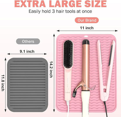 Oversize Silicone Heat Resistant Mat for Curling Iron, Hair Straightener, Flat Irons and Hot Hair Styling Tools, Portable Wrap Pad Cover for Home Vanity Travel(14.2" x 11")