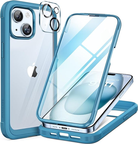 Miracase Glass Series Designed for iPhone 15 Plus Case 6.7',Full-Body Military Drop Proof 15 Plus Phone Case Cover with Built-in 9H Tempered Glass Screen Protector,Blue
