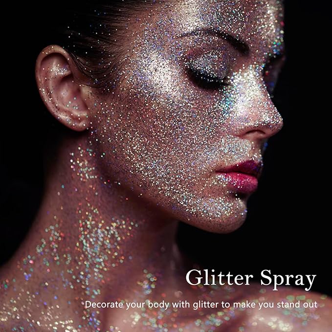 Silver Body Glitter Spray - Holographic Shimmer Spray Powder Sparkle for Hair and Body, Face, Clothes, Nail Art Crafts Design, Halloween and Easter Festival Makeup