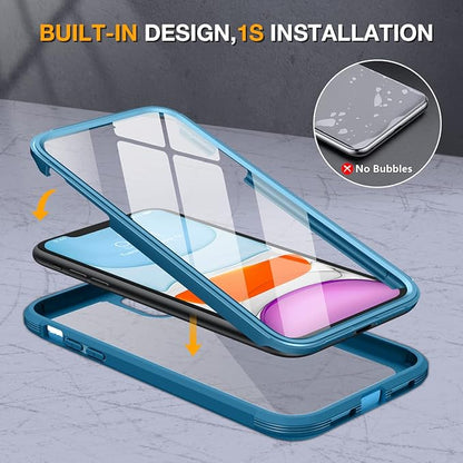 Miracase Glass Series Designed for iPhone 11 Case [2023 Upgraded] Full-Body Rugged Bumper Case with Built-in 9H Tempered Glass Screen Protector and Camera Protector (Light Blue)