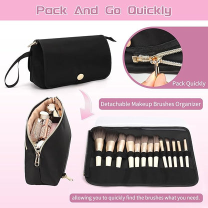 OCHEAL Makeup Brush Holder and Makeup Bag 2 in 1,Makeup Pouch with Brush Organizer,Travel Makeup Brushes Bag Cosmetic Bags for Women Portable Roll-up Makeup Case -Black
